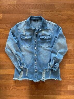 Dokotoo Distressed Lightwash Denim Button Up Jacket with Front Pockets
